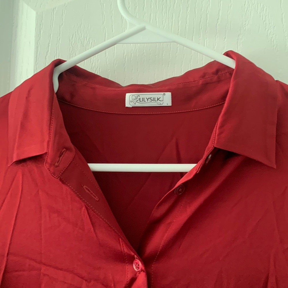 Women's Satin Button-Up Blouse - Red - Picture 6 of 14